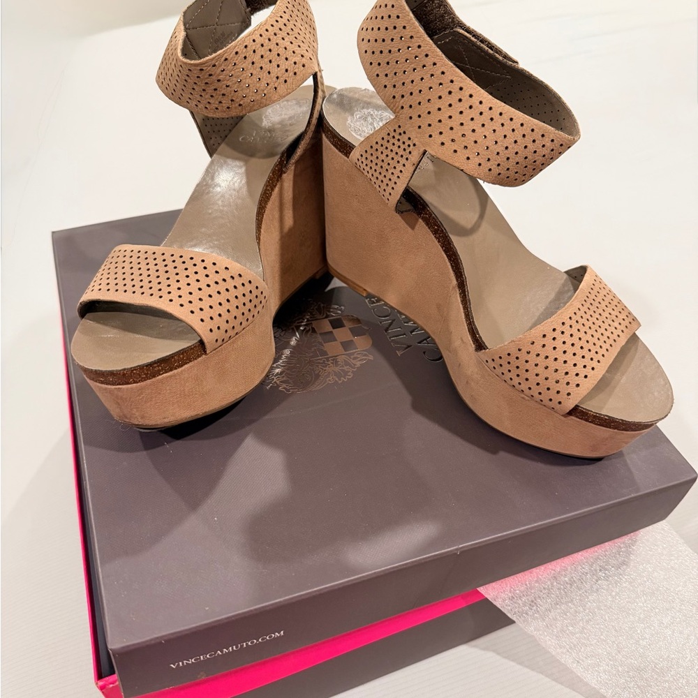 Vince Camuto Perforated Tan Wedges